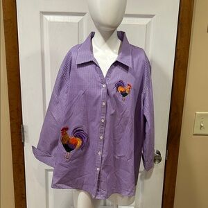 Purple Gingham Button Down Shirt with Rooster Embroidery